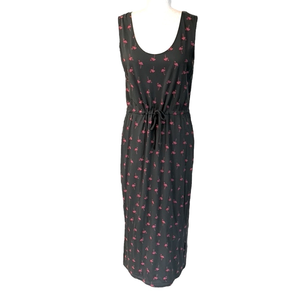 Boden Military Green & Pink Flamingo Print Tie Waist Midi Tank Dress - 8